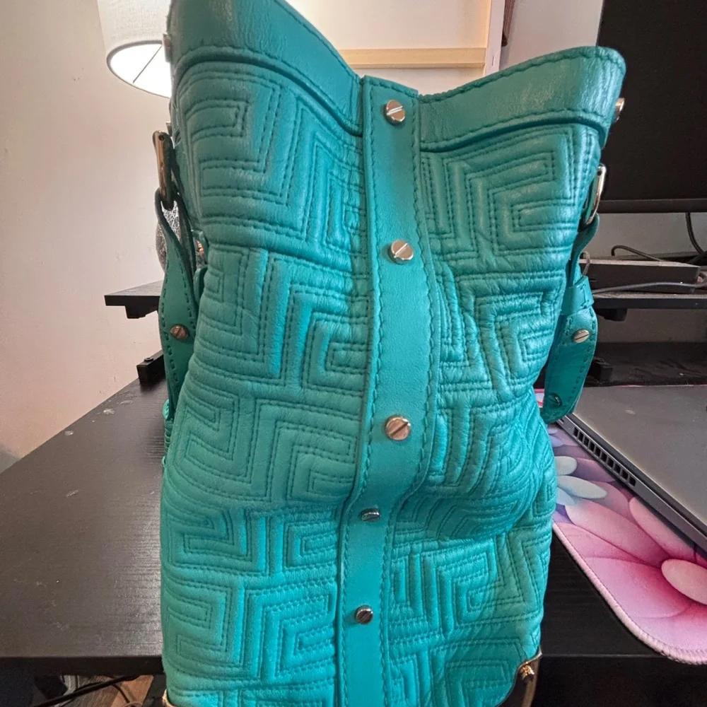 RARE Gianni Versace Couture "Snap Out Of It" Turquoise Nappa Satchel - Picture 4 of 14